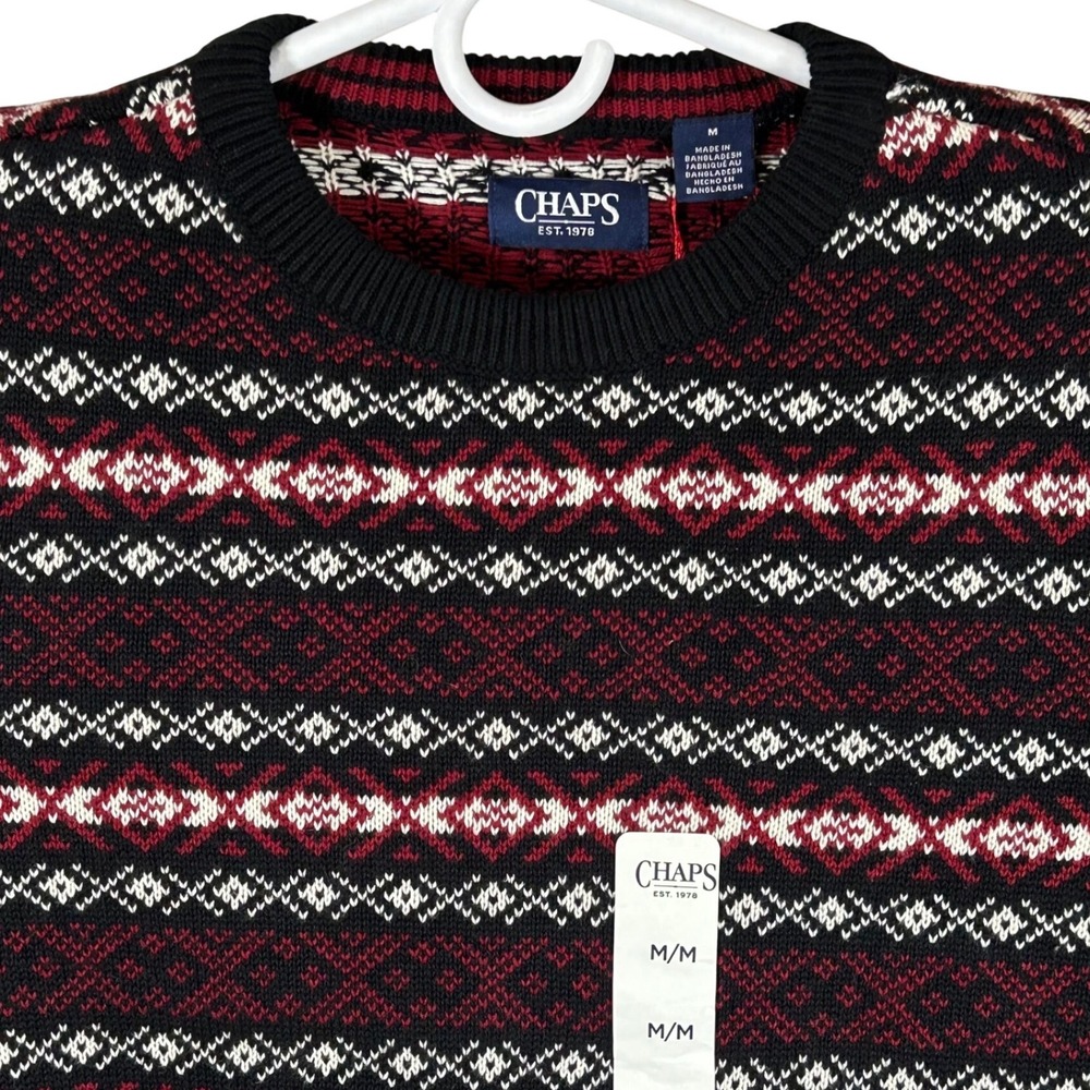 Chaps Mens Jet Black Fair Isle Cotton Crewneck Sweater Medium NEW